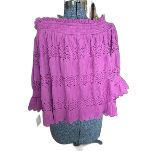 Lane Bryant Smocked Off The Shoulder Pink Ruffled Tiered Lace Pleated Top 22/24 - Picture 4 of 7